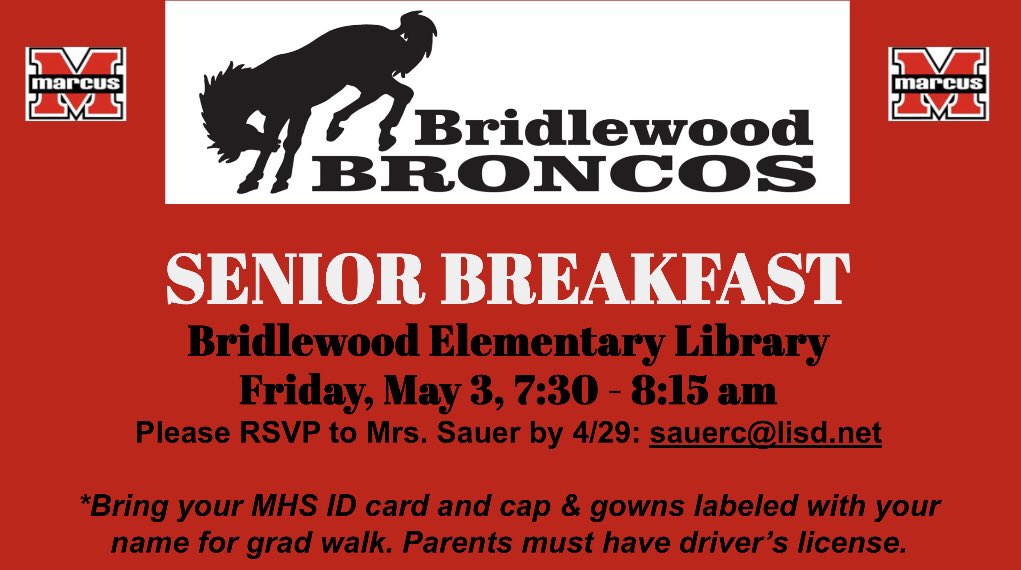 SauerSauerc's tweet photo. Senior Breakfast at Bridlewood is a week from Friday 👨‍🎓👩‍🎓Please don’t forget to RSVP! @Marcus_HS https://t.co/1j7uSgoO5a