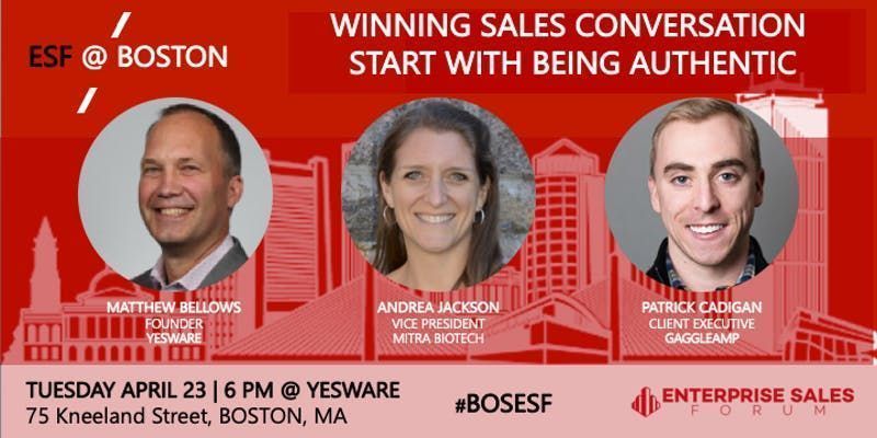 BostonTweetUp's tweet photo. TONIGHT: 6PM Winning Sales Conversations Start With Being Authentic #BOSESF hosted by @Enterprise_Sale @yesware @marksbirch https://t.co/1fqPlKSAwS @mbellows @Yesware @mitrabiotech @patrickEcadigan @GaggleAMP #Boston https://t.co/MoDhKkHNJo
