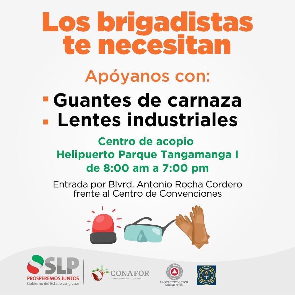 SSPC_SLP's tweet photo. Solicitamos tu ayuda para los brigadistas que combaten el incendio en la Sierra de San Miguelito. Necesitan: Guantes de carnaza y lentes industriales. Centro de acopio, helipuerto del Parque Tangamanga 1. De 8:00 am a 7:00 PM https://t.co/dhdKdBqJdb