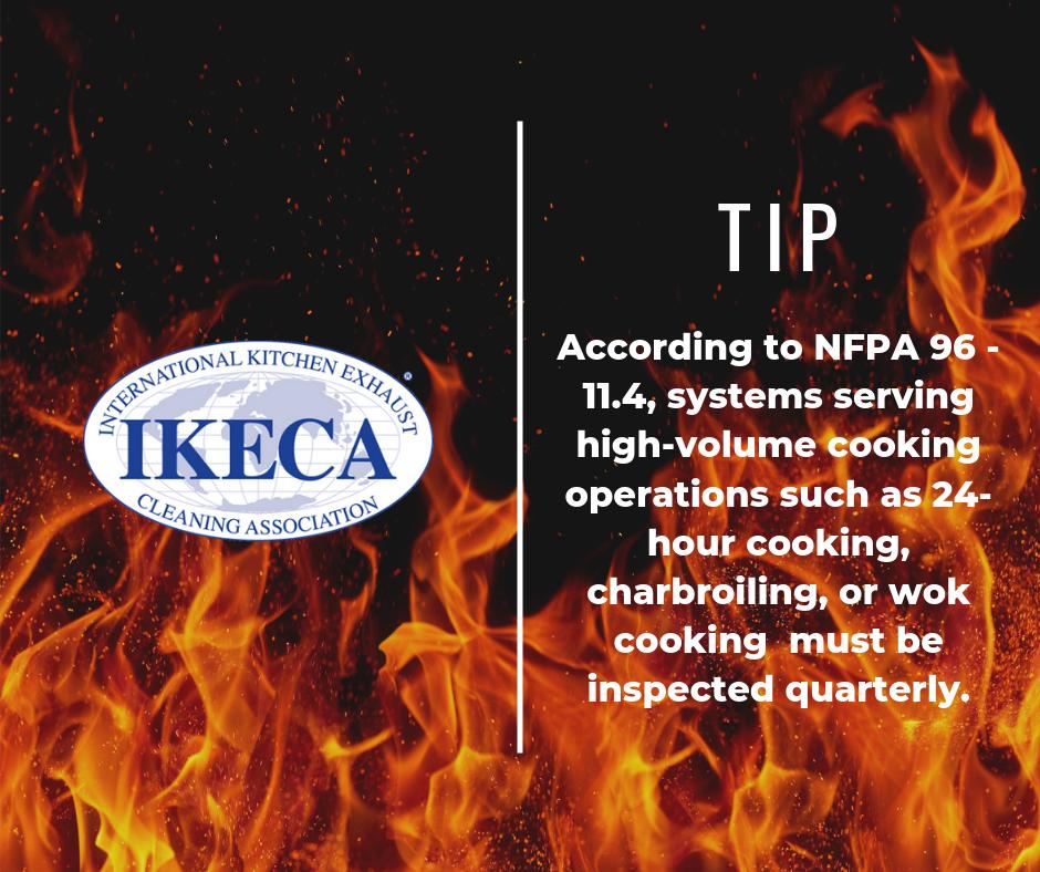 IKECAinfo's tweet photo. Tip: According to NFPA 96 - 11.4, systems serving high-volume cooking operations such as 24-hour cooking, charbroiling, or wok cooking must be inspected quarterly.
Please share to raise awareness! https://t.co/WVcgQfp1Tt #fire #firedamage #firesafety #fireprevention #nfpa https://t.co/TeWYkkoNTX