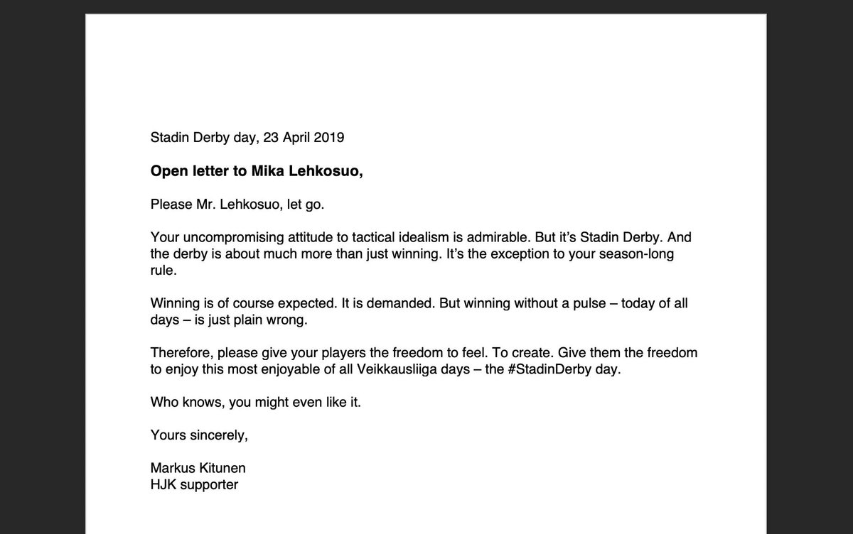 mkitunen's tweet photo. Open letter to Mr. Lehkosuo. #StadinDerby #Veikkausliiga #HJK @hjkhelsinki https://t.co/NM8lvTzexR