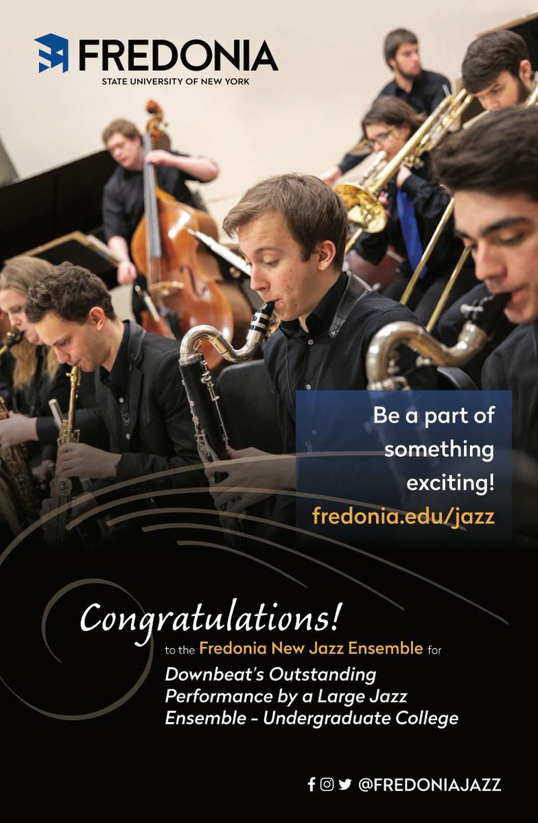 Congrats, <a href="/fredoniajazz/">SUNY Fredonia Jazz</a>!  Fredonia New Jazz Ensemble was just awarded <a href="/DownBeatMag/">DownBeat Magazine</a>'s 2019 Outstanding Performance Award in the  Large Jazz Ensemble - Undergraduate College category of its 42nd Annual  Student Music Awards! 
 #FREDjazz #FREDispires #FREDrocks