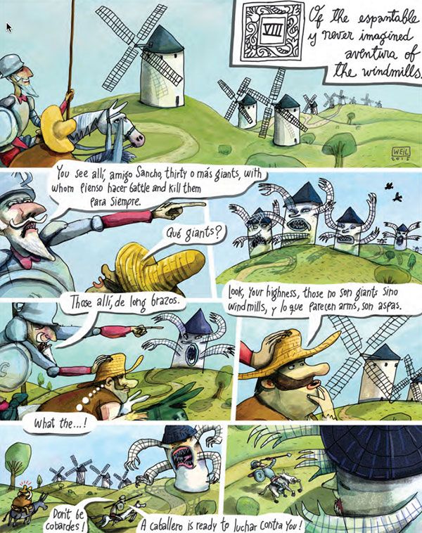 A page from the graphic novel retelling of Don Quixote with the titular character tilting at windmills. 