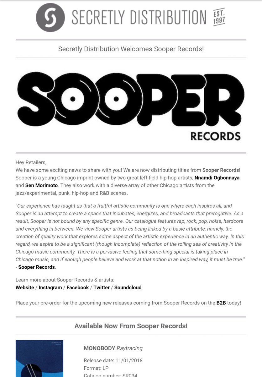 sooperrecords's tweet photo. Record Stores and Retailers! We're officially launched with @secretlydistro. Carry releases by @NnamdiOgbonnaya, @senmorimoto, @optionstheband, #Monobody, @sonnyfalls, @LongfaceIsABand, @motherevergreen, #ManWithoutAHead and all future releases. We're looking at you @Target. https://t.co/RtmXiacgVD