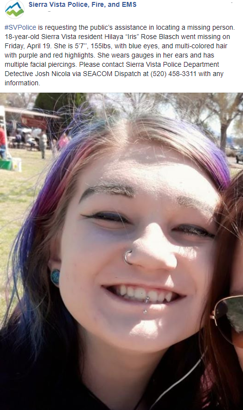 CCFirenIncident's tweet photo. #SVPolice:Missing person.18yr Hilaya “Iris” Rose Blasch #missing Friday. 5’7’’ 155lbs blue eyes,multi-colored hair w/purple & red highlights. Wears gauges in her ears,has multiple facial piercings.If seen/have info:Detective Josh Nicola 520-458-3311 #Arizona https://t.co/y32jGFsvqb