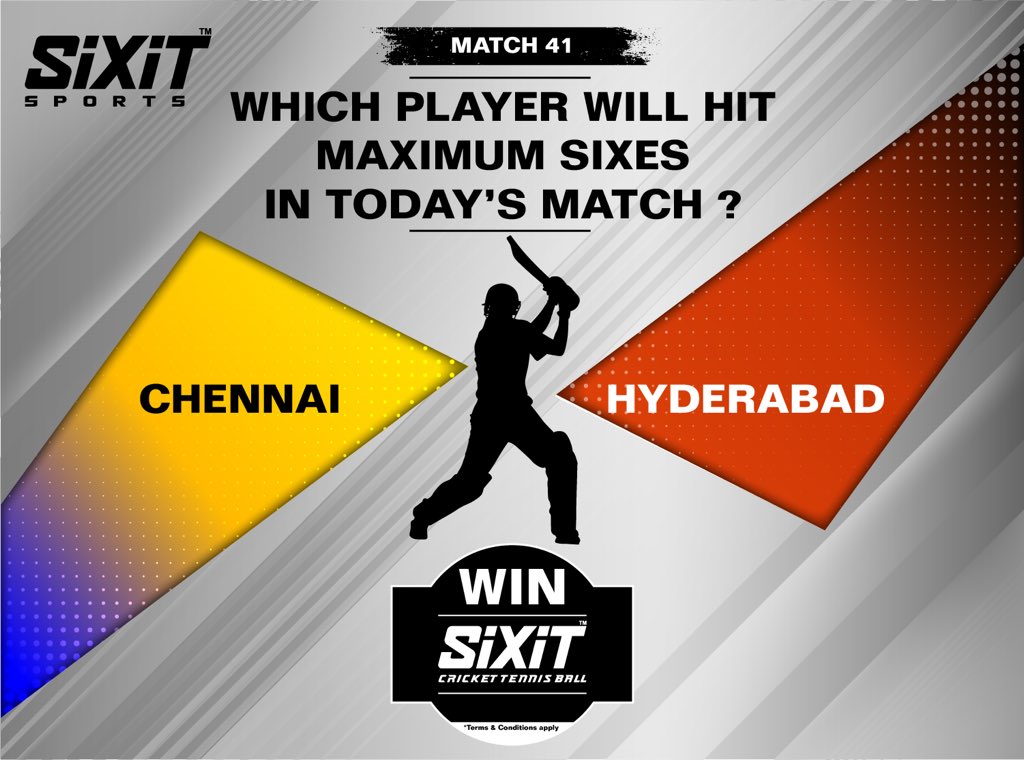 sixitsports's tweet photo. #SiXES with #SiXiT #Guess which player will hit maximum #SIXES in today’s match and chance to win exciting prizes ! Follow us @sixitsports, RT, invite friends and comment your player! #Chennai #Hyderabad #CSKvSRH #chepauk #SRHvCSK #tuesdayvibes https://t.co/TCUlumdZ1i