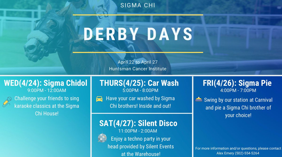 CentreSigmaChi's tweet photo. Derby Days is here! Help us out as we raise money for the Huntsman Cancer Institute. Talk to any brother to find out more. Every dollar counts!
#GenerationToEndCancer https://t.co/5k5HVRaEkc