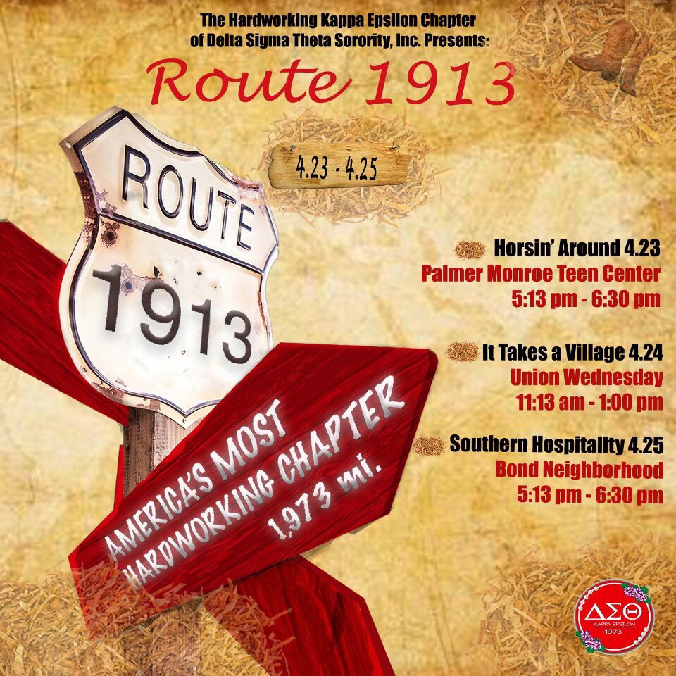 Don’t eat, don’t sleep, it’s Delta Week! All roads lead to Route 1913! Join the Hardworking Kappa Epsilon Chapter of Delta Sigma Theta Sorority, Inc. for a mini week of service you don’t want to miss. Grab your boots, cowboy hats, and flannels. TaKE this journey down Route 1913!