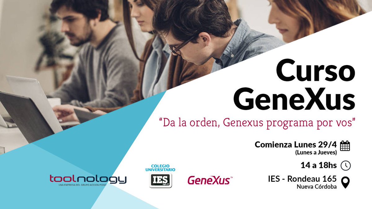 Junto con <a href="/IES21/">Colegio Universitario IES</a> estaremos dictando el próximo curso de #GeneXus en #Cordoba 👩‍💻

 ❗️Inicio: lunes 29 de abril, 14 hs.

 +info e inscripciones aquí: bit.ly/GeneXusCurso
