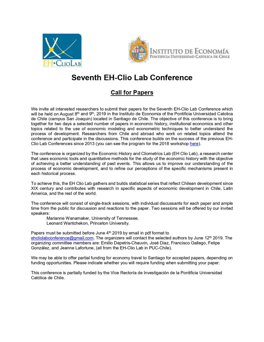 IE_UC's tweet image. 📆Invitamos a los economistas e investigadores afines interesados a postular sus investigaciones para la 7th EH-Clio Lab Conference.
#EconomicHistory #InstitutionalEconomics

📌08-09 de agosto 2019 - @IE_UC 
📌CALL FOR PAPERS: Hasta el 04/06
📌Bases ➡ bit.ly/2DtRunw