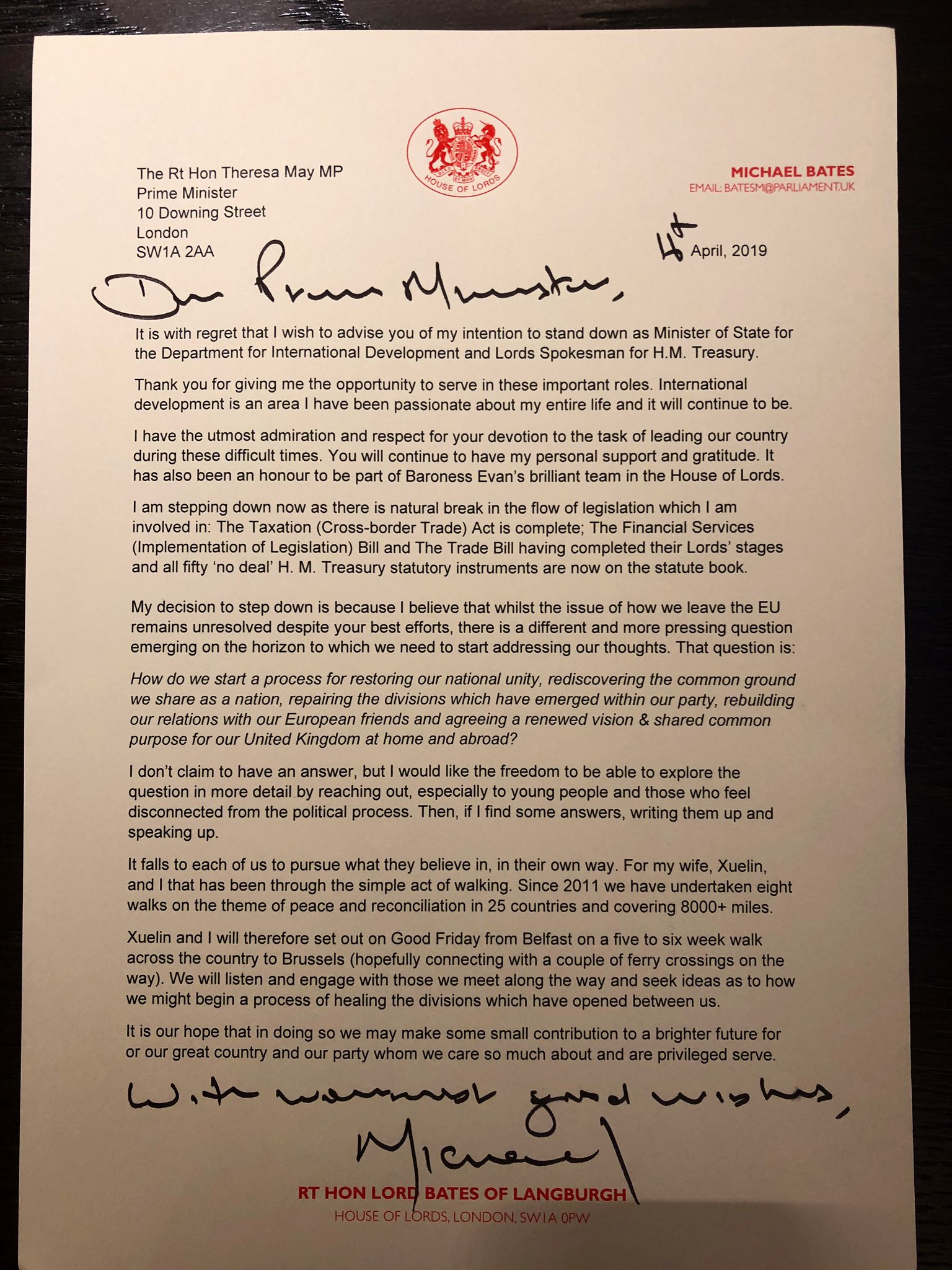 I have decided to step down from my ministerial role at @DFID_UK but delighted to be succeeded by Baroness Sugg.