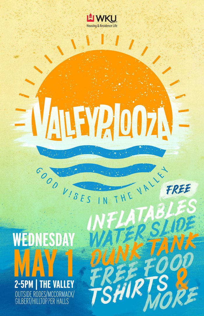 It's the 26th Annual Valleypalooza! We're bringing the beach to the Valley for some much needed stress relief before finals! Join us for good vibes in the Valley with inflatables, water slide, dunk tank, free food, tshirts, and more! Wednesday, May 1, 2-5 pm.
