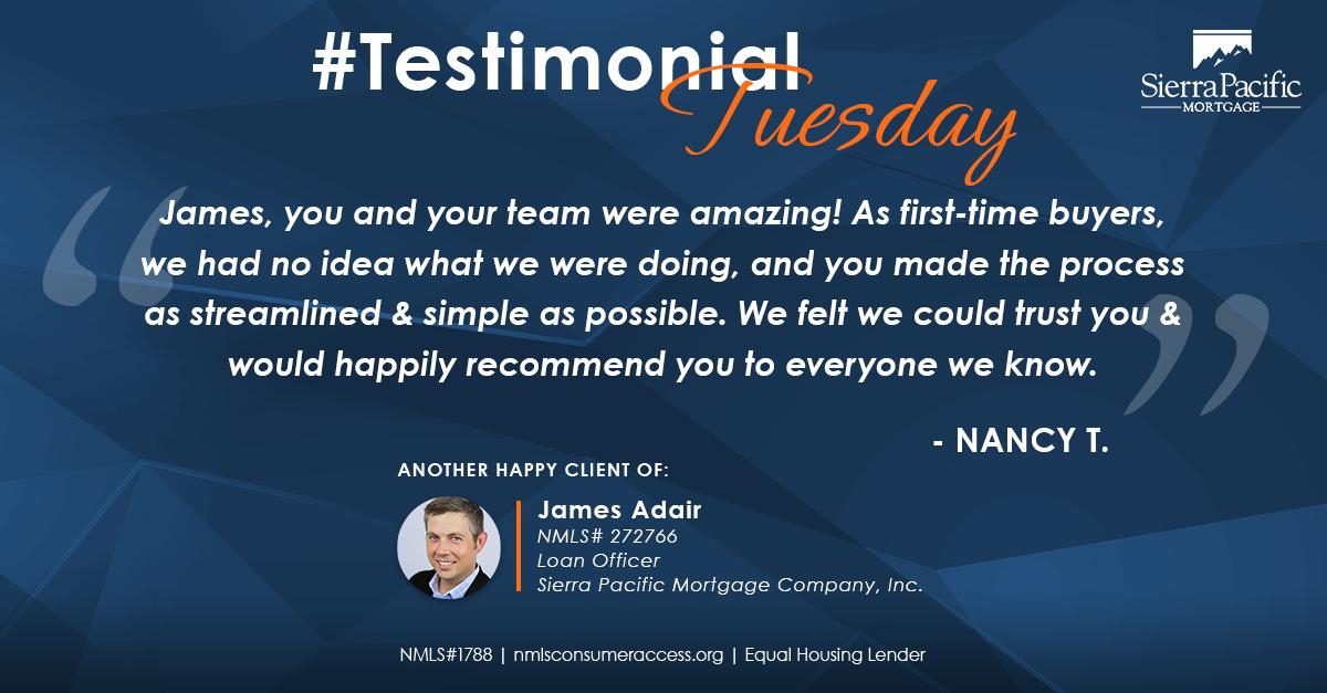 First-time homebuyer? No problem! We're here for you every step of the way!

Contact one of our awesome Loan Officers, like James Adair, to get started on your home purchase today!  #TestimonialTuesday 

sierrapacificmortgage.com/net/cdweb/find…