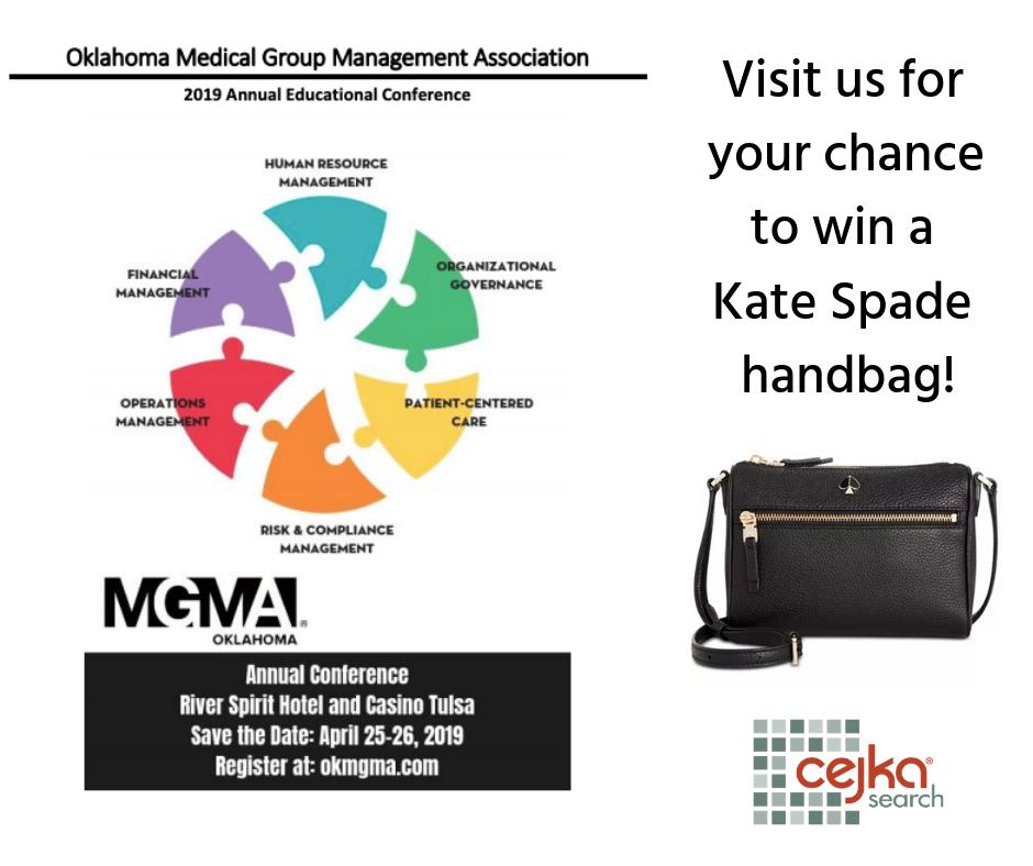 cejkasearch's tweet photo. Attending the Oklahoma MGMA Annual Education Conference in Tulsa? The Cejka Search team will be onsite. Come by to visit and enter for your chance to win our Kate Spade giveaway!

#okmgma #okmgma19 #healthcare #recruitment #staffing #cejkasearch #giveaway #katespade https://t.co/H968CXENn0