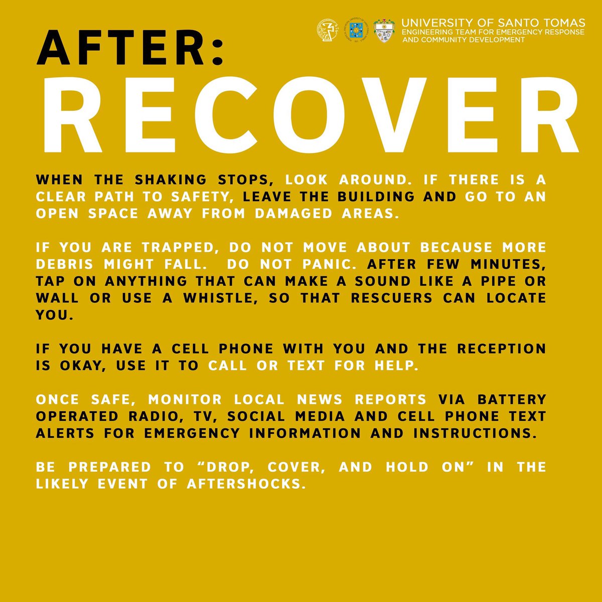 USTEntercode's tweet image. What to do BEFORE, DURING and AFTER an EARTHQUAKE? Stay safe and vigilant!