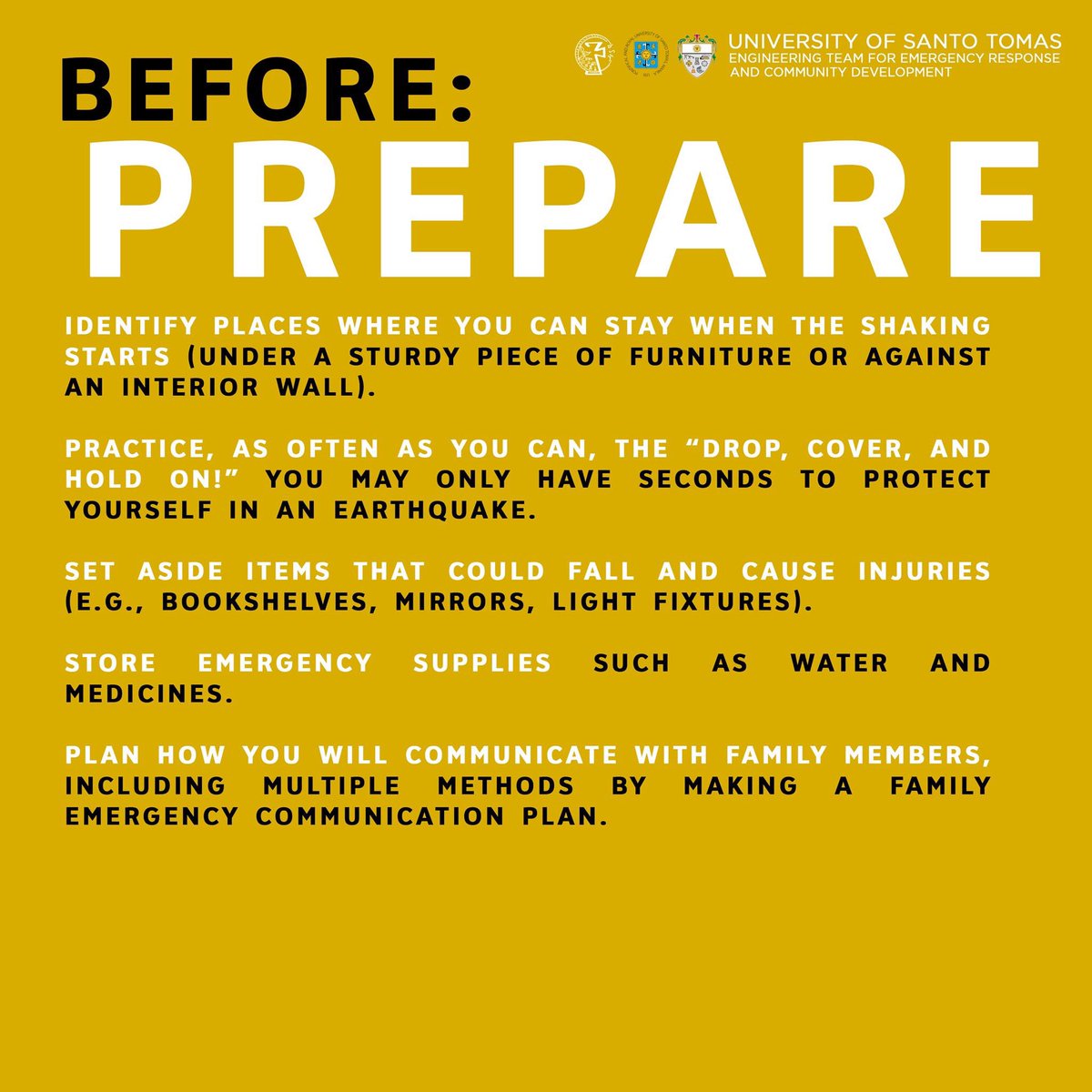 USTEntercode's tweet image. What to do BEFORE, DURING and AFTER an EARTHQUAKE? Stay safe and vigilant!