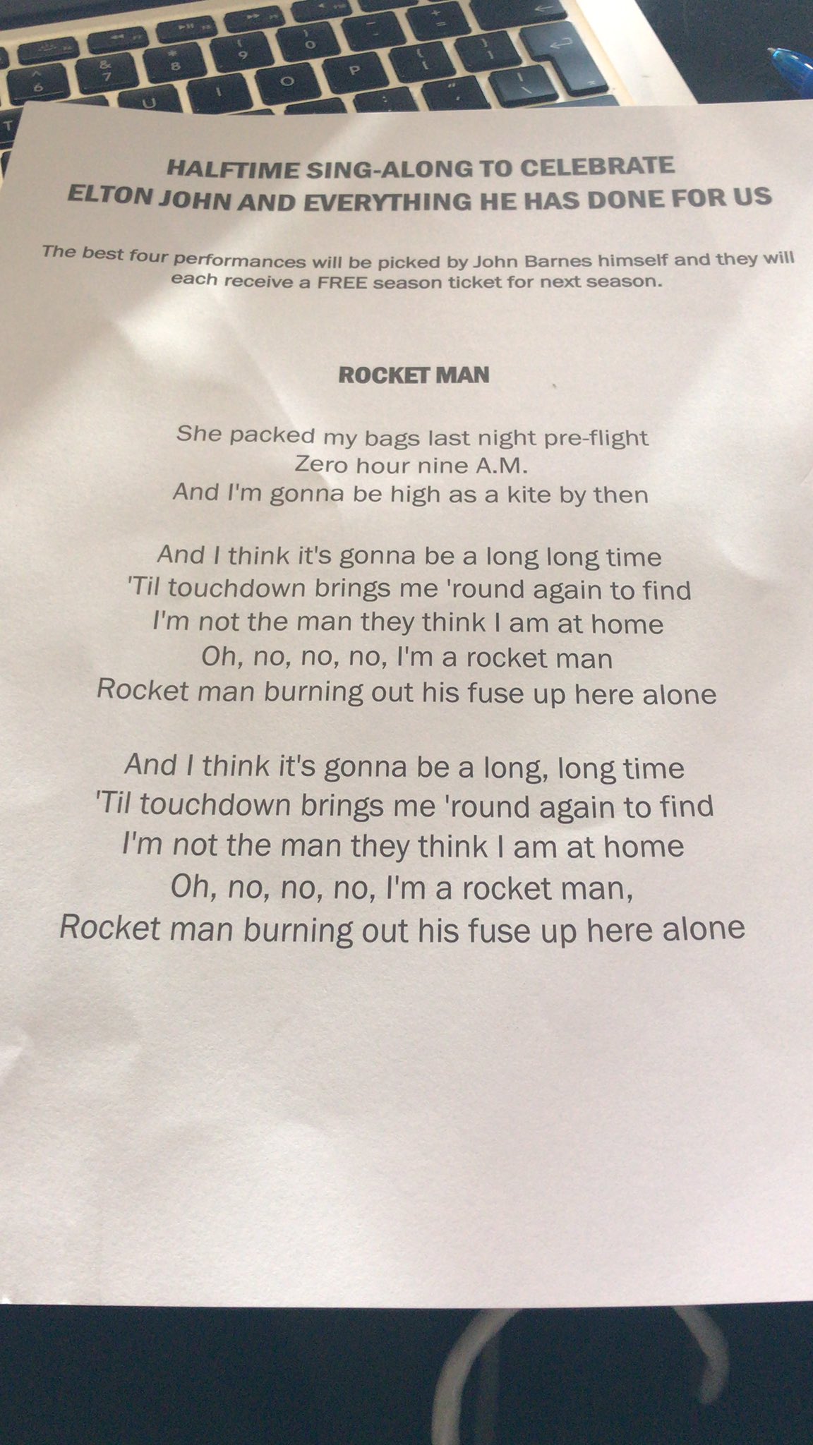 Adam Leventhal on Twitter "Half time lyrics for Elton John singalong