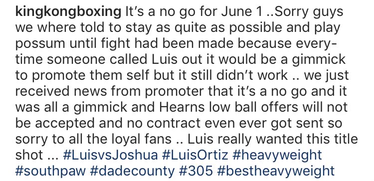 ringmagazine's tweet image. 🙅‍♂️ Luis Ortiz’s team have finally spoken out and stated that he WON’T be fighting Anthony Joshua on June 1st. They claim they were told to stay quiet to try and get it made and have accused Eddie Hearn of making “lowball offers.”