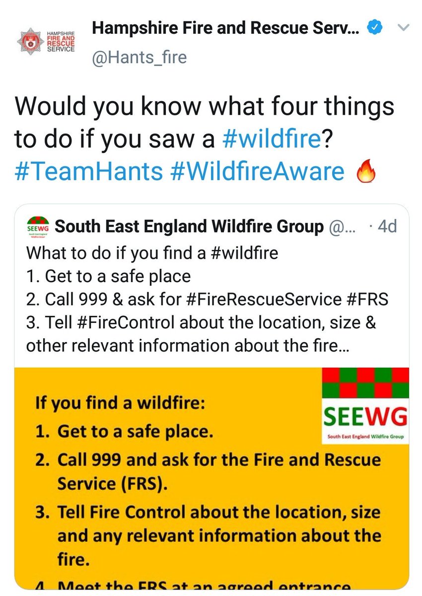seengwildfiregp's tweet photo. Thanks for our partners @Hants_fire and @RBFRSofficial for retweeting our message.
Remember if you see a #wildfire there are 4 key things you can do to help #FireRescueService
#BeWildfireAware
@NFCC_FireChiefs @DefraGovUK @ukhomeoffice https://t.co/7uAxg6EQsz