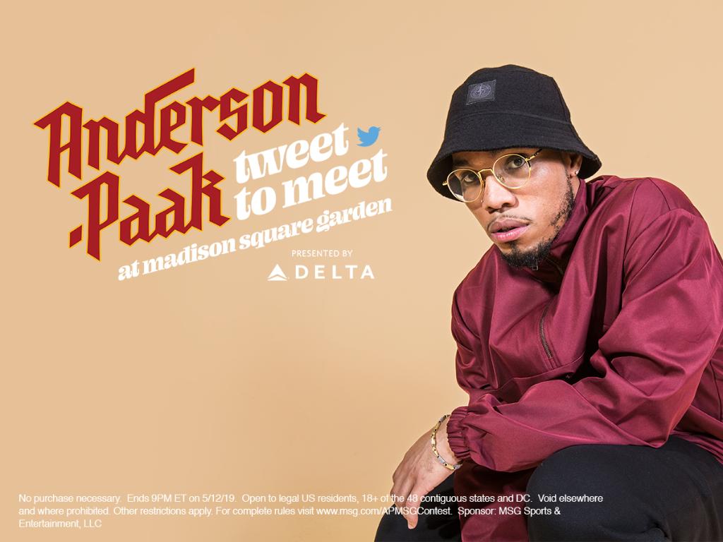 TheGarden's tweet image. Are you @AndersonPaak's biggest fan? The Garden and @Delta want you to prove it! Tweet us by 9pm ET on 5/12/19 why you deserve to fly to NYC and meet Anderson at his headlining show at The Garden on 5/30/19 using #APMSGContest! Rules @ msg.com/APMSGcontest