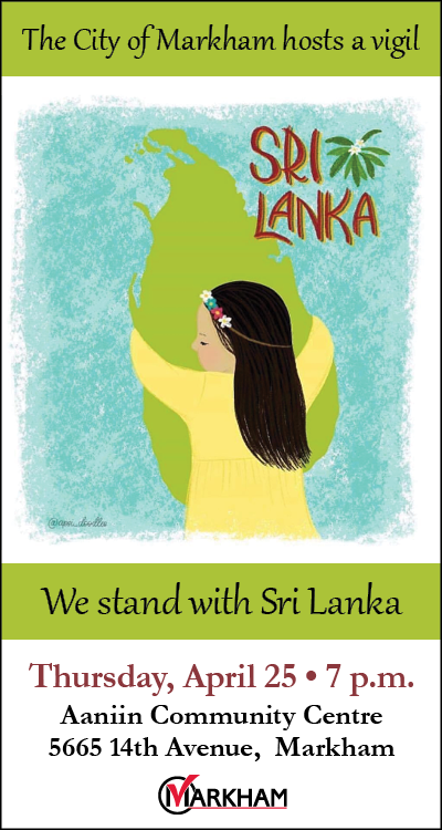 cityofmarkham's tweet photo. Markham residents are invited to join Mayor @frankscarpitti and Members of Council for a vigil to honour the victims of the tragedy in #SriLanka at the Aaniin Community Centre &amp; Library on Thursday at 7:00 p.m. https://t.co/VxSytZo6bd