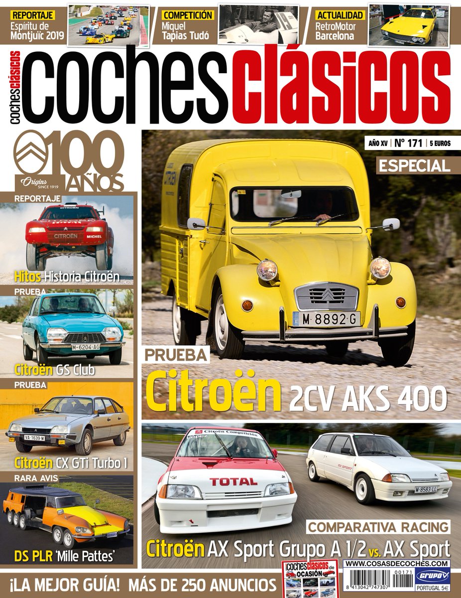 RCochesClasicos's tweet photo. Ya está camino del quiosco el n.º 171 de #RevistaCochesClasicos,  un especial dedicado al centenario de Citroën. Probamos un GS Club, un  2CV AKS 400, un CX GTI Turbo 1 y el AX Sport en versiones de calle y  Grupo A, además de repasar los hitos de su historia. #CochesClasicos https://t.co/on9rIOgdJQ