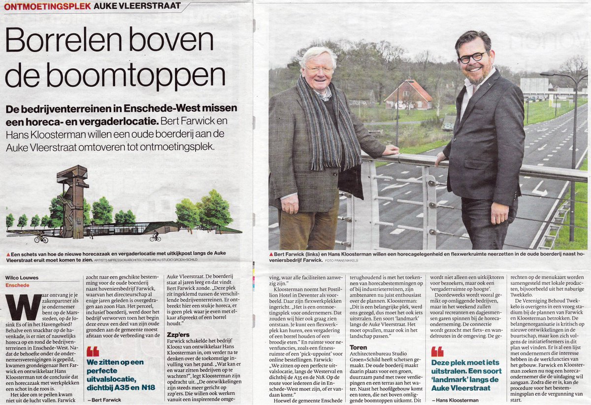 Samen met eigenaar Bert Farwick en ontwikkelaar Hans Kloosterman werken wij aan een plan voor de herontwikkeling van een locatie aan de Auke Vleerstraat in Enschede.  Ziehier een artikel uit de krant;