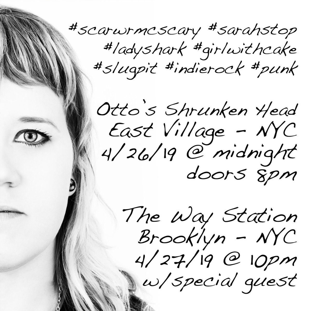 scarermcscary's tweet photo. I'm out & about in NYC this weekend. Playing two shows with a special guest! Midnight at Otto's Shrunken Head in East Village and 10pm at the The Way Station in Brooklyn #livemusic #indierock #punk #sarahstop #ladyshark #girlwithcake #singersongwriter #slugpit #amityvillerecords https://t.co/kOVcs7w4qR