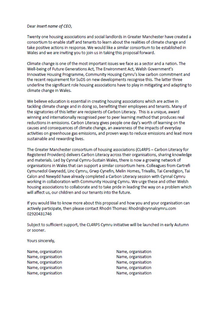 Below is an open letter written by myself and @CynnalCymru in support of Welsh #housing associations to create a consortium to teach each other @Carbon_Literacy as the CL4RPs have already done in Greater Manchester. #Education is needed to tackle #climatechange. Message to sign.