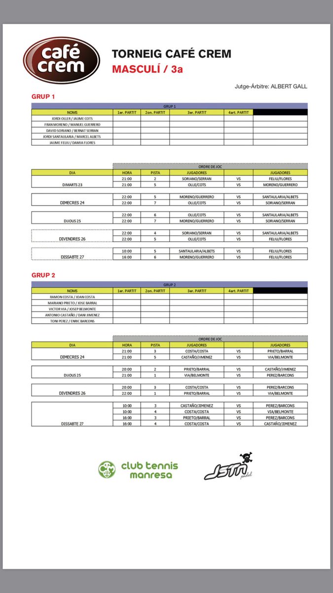 CTennisManresa's tweet photo. Avui comença la setmana del Torneig #pàdel @bycafecrem al CT #Manresa🎾🎾

Aquí els quadres i ordres de joc 👫👇

Us hi esperem per gaudir del millor #pàdel outdoor #femení &amp; #masculí del #Bages i la #CatalunyaCentral! 🙌🏆

1de2👉 https://t.co/M4Q95qJXCU