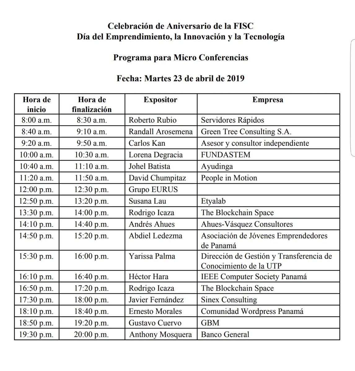 Programa de Micro Conferencias para hoy.
En vivo por nuestra cuenta de Instagram.