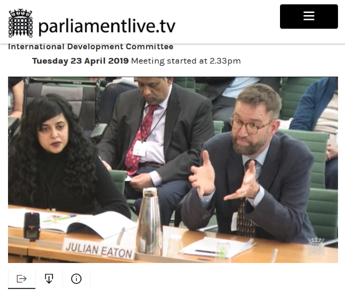 CBMuk's tweet photo. CBM Mental Health Director @julian_eaton giving evidence to @CommonsIDC praises @DFID_UK work on mental health in emergency situations but calls for tracking on spend. Also highlights importance of informal support systems eg priests &amp; grandmothers as well as structured services https://t.co/6PGHqv0gKD