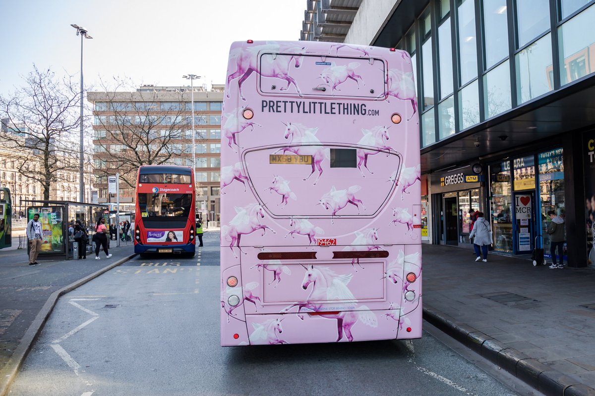 ExterionMediaUK's tweet photo. . @OfficialPLT's unicorn Wrapped Buses 🦄 have been lighting up #Manchester this week! 😀
#WrappedBus #PrettyLittleThing #ExterionMedia https://t.co/688qYIci8E