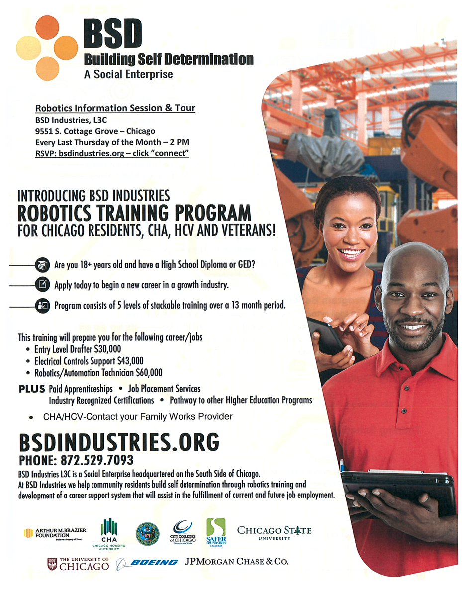 Job Training Opportunity: BSD Industries Robotics Training Program. If you're 18+ years old &amp; have a HS Diploma or GED, apply to begin a new career in a growth industry.   

THIS Thursday, April 25 @ 2p 
BSD Industries L3C 
9551 S Cottage Grove  
RSVP: bit.ly/BSDRSVP