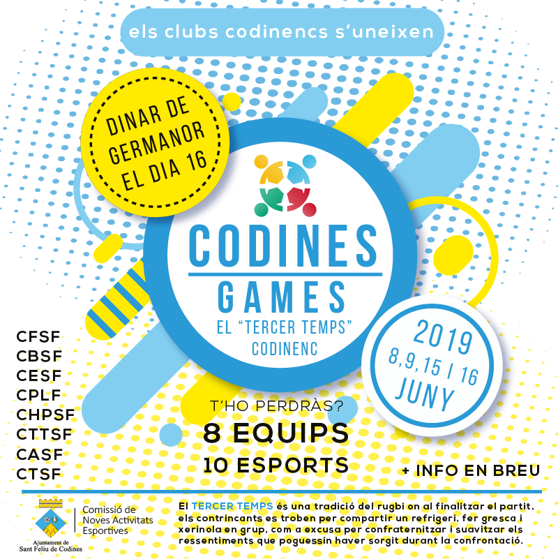 cnaesfc's tweet photo. Us presentem el nou sarau esportiu de la CNAE juntament amb els clubs del poble, els CODINES GAMES!!!! Els clubs s’uneixen per fer el TERCER TEMPS de final de temporada!, Us ho perdreu??? En breu ampliarem informació #sfc182 #CodinesGames19 #TercerTemps https://t.co/z6KGLwKRjQ