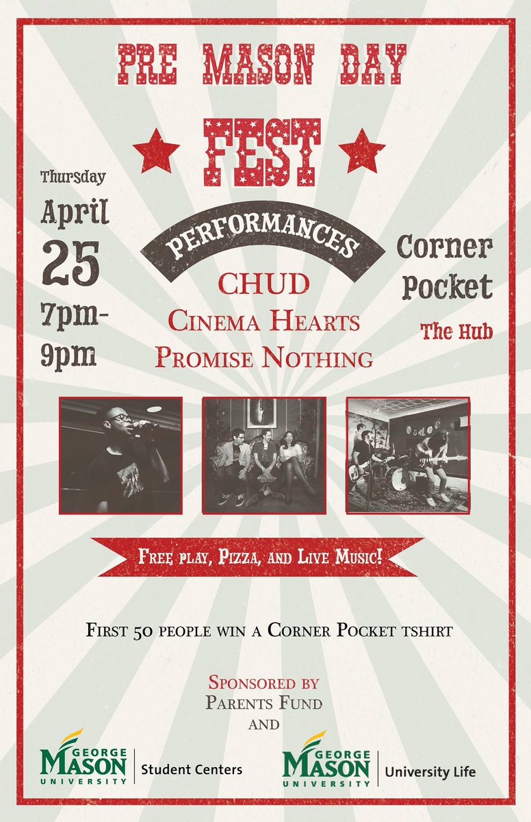 NO OPEN MIC THIS WEEK! Join us for the last open mic of the year, next Thursday, May 2, 7-9PM in Corner Pocket.

Stop by Corner Pocket this Thursday for the Pre-Mason Day Fest! Live musical performances by @Cinema_Hearts, <a href="/ChudMusic/">Chud</a>, and #PromiseNothing. facebook.com/events/4248732…