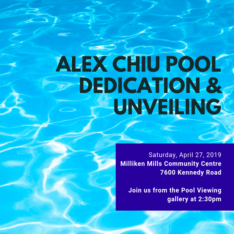 ChiuWard8's tweet photo. It is a great honour to have the #MillikenMills pool to be named after me. Join us at the dedication and unveiling from the Pool Viewing Gallery on Saturday.
#community #communityfirst #markham https://t.co/2bABAbGR9Z