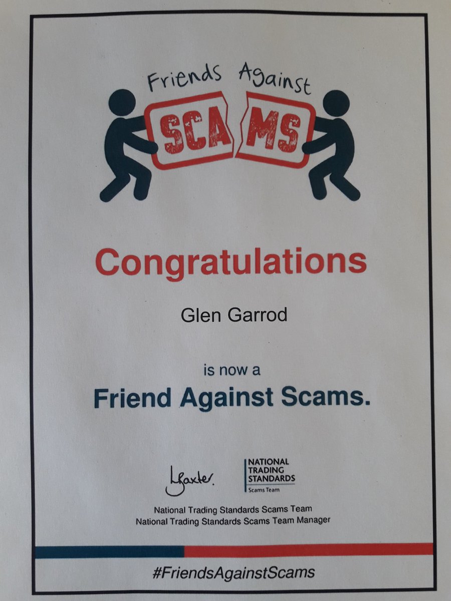 A big thank you to the National Trading Standards Scams Team for producing a really useful training package to help raise awareness of this important topic - a course I am proud to have completed! Something for everyone colleagues. Glen