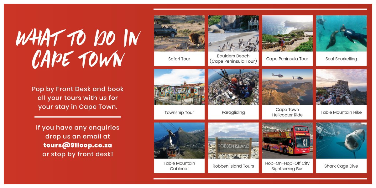 91Loop's tweet image. Book all your tours with us at front desk. Drop us an email if you have any enquiries at tours@91loop.co.za

#CapeTown #Tours #HelicopterRide #WhaleWatching #WineTasting