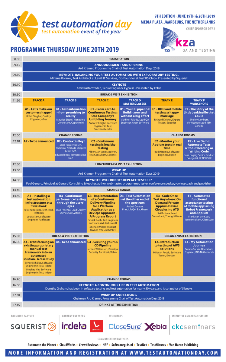 Het programma van de Test Automation Days is bekend.
Als hoofdsponsor op dag twee van de Test Automation Days 2019 willen we dit natuurlijk graag even delen.
#testautomation #testing #tadnl #continuous #quality