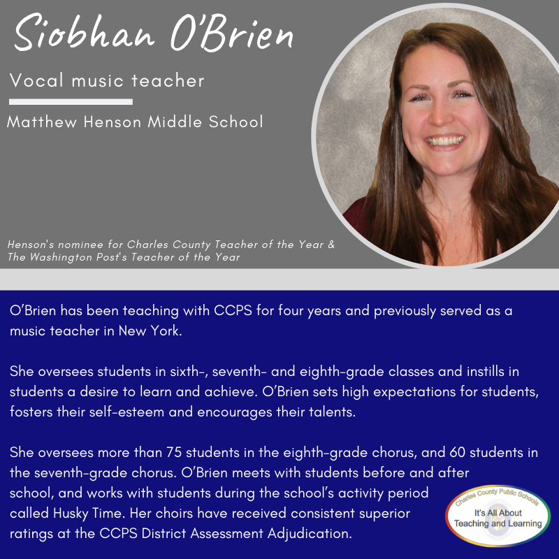 CCPS's tweet photo. On Tuesdays and Thursdays during the school year, Charles County Public Schools (CCPS) will spotlight nominees and finalists of the 2019 Washington Post and MSDE Maryland Teacher of the Year programs. Read more at https://t.co/7qY2VelPYm.

@MatthewHensonMS https://t.co/KrijHrVTsS