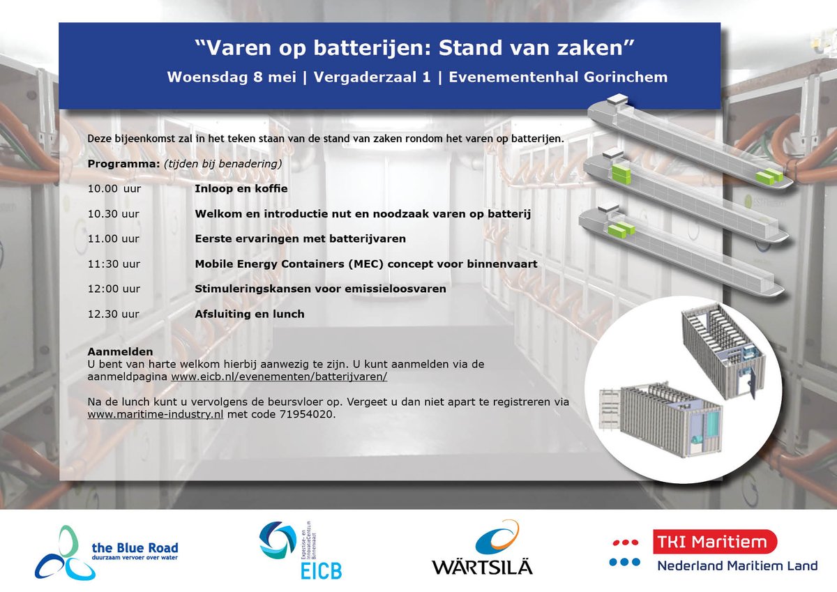 Woensdag 8 mei voor de beurs Maritime Industry de bijeenkomst 'Varen op batterijen: stand van zaken'. Wees welkom en laat u informeren over actuele ontwikkelingen op het gebied van varen op batterijen. Aanmelden kan via: eicb.nl/evenementen/ba… <a href="/EICBtweets/">EICB</a> <a href="/wartsilacorp/">Wärtsilä Corporation</a>