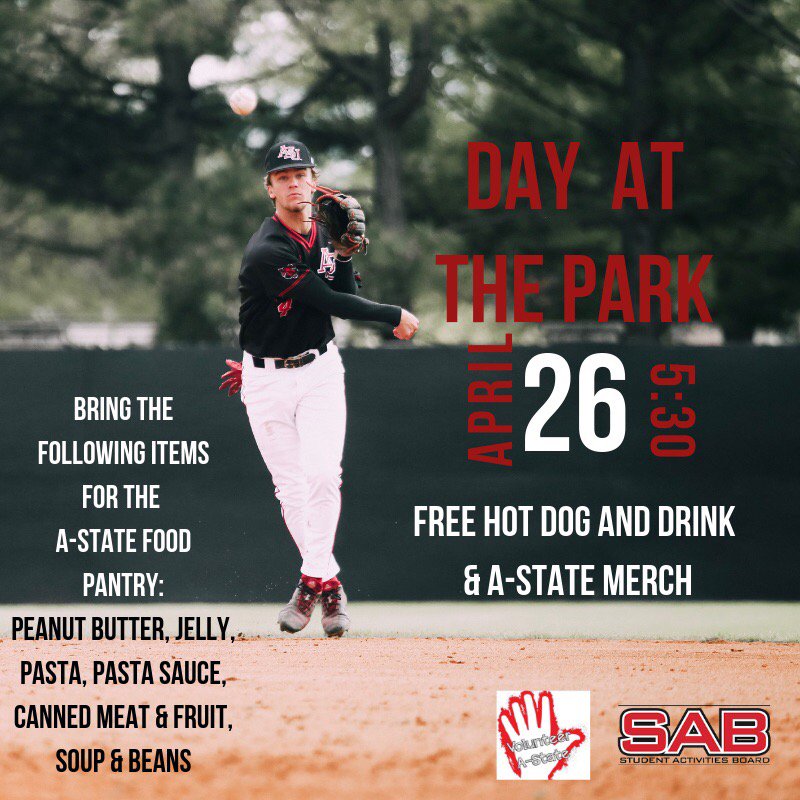 Come out to Day at the Park with <a href="/AstateSAB/">A-State SAB</a> this Friday! Donate any of the listed items to the A-State Food Pantry and receive a voucher for a free drink and hot dog. #PacktheTom #WeHaveFunHere