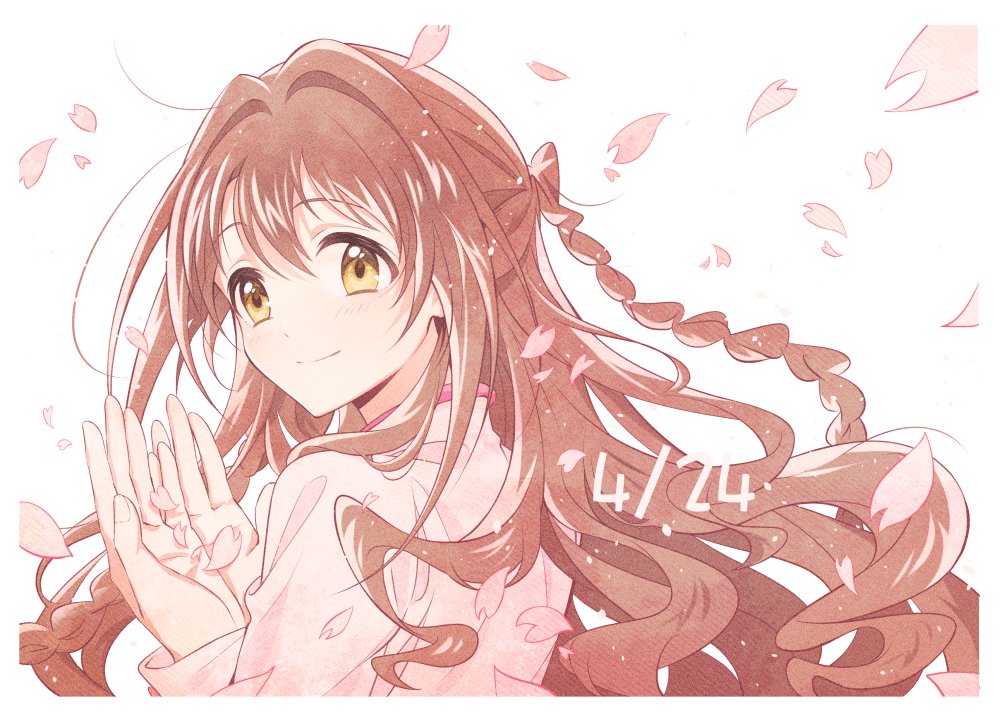 shimamura uzuki 1girl solo long hair petals brown hair braid smile  illustration images