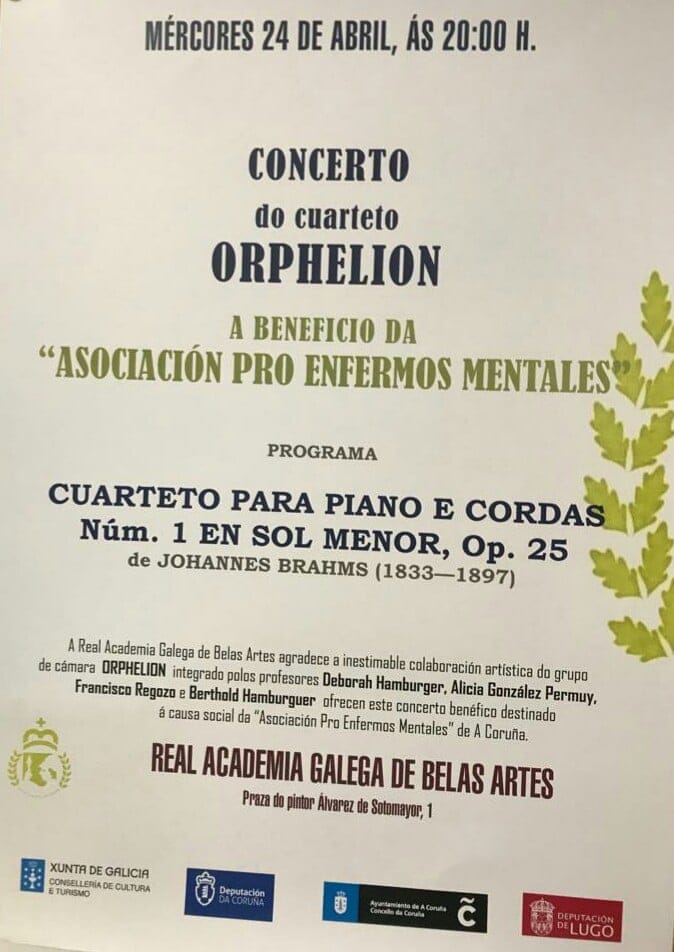 ApemCoruna's tweet photo. Acompañanos mañana en el concierto benéfico a favor de APEM - Asociación Pro Enfermos Mentales a cargo del cuarteto Orphelion en la Real Academia Galega de Belas Artes a las 20:00 horas.

🎻🎼🎸🎼🎷🎺🎹 https://t.co/K78r4VhXbF