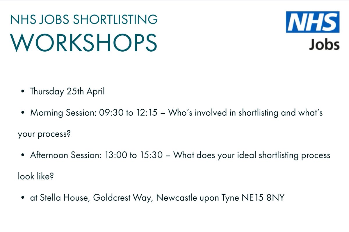 Calling all NHS recruiters and employers! Can you spare a few hours on Thursday to help our research team and take part in one of our #NHSJobs #shortlisting workshops? Have a look at the graphic for info and contact sarah.stokes10@nhs.net to get involved.