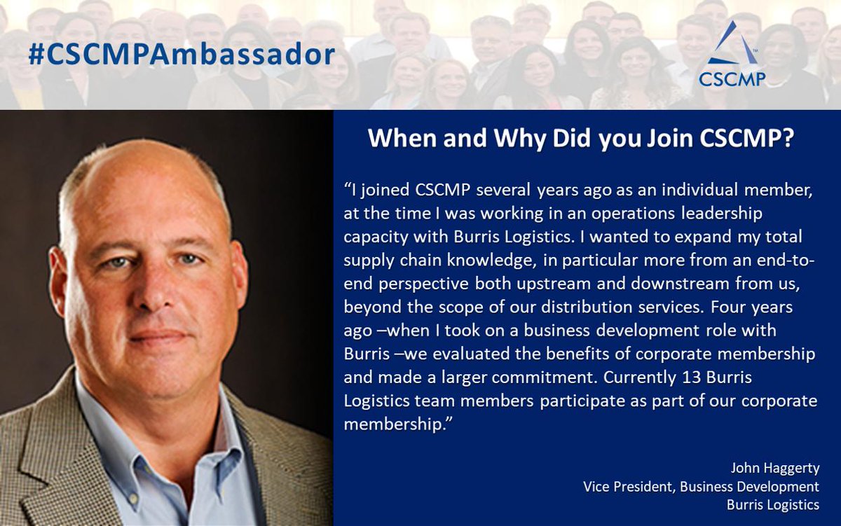 cscmp's tweet image. Meet #CSCMPAmbassador John Haggerty of @BurrisLogistics who is a #CSCMPEDGE sponsor and corporate member. Discover why he joined #CSCMP, how it benefited him in his career and how over time more from #BurrisLogistics joined CSCMP

Enhance your career today bit.ly/2vrDCWT