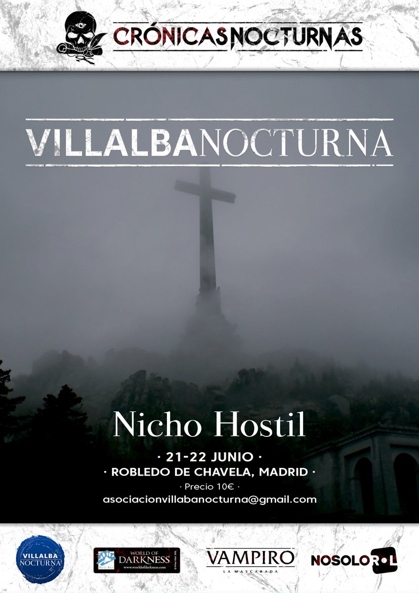 NUEVO #ReV de #VillabaNocturna basado en la quinta edición de #VampiroLaMascarada con la colaboración de <a href="/Nosolorol/">Nosolorol</a>.
Fecha: 21 y 22 de junio
Lugar: Robledo de Chavela (Madrid)
+ info: @Villalba_CN