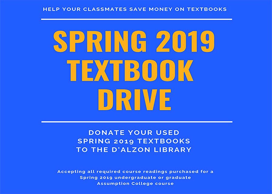 AUdalzonlibrary's tweet photo. DID YOU KNOW 31% of Assumption students report earning a poor grade because they can’t afford their textbook? You can help! Donate your used Spring 2019 textbooks to the Library! Find the donation box in the library lobby. https://t.co/V4BdzlFKRX