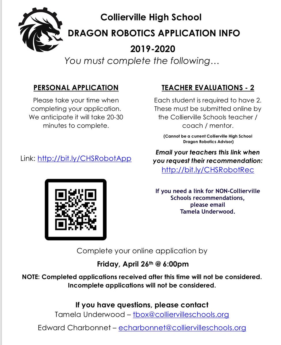 Dragon Robotics (@dragon_robotics) on Twitter photo Applications for next year’s teams are due Friday at 6pm! Let us know where you want to serve! Email us with questions - don’t miss out! <a href="/CHSDragons/">Collierville High</a> <a href="/officialWCMS/">West Collierville MS</a> <a href="/colliervillems/">Collierville Middle</a> Applications for next year’s teams are due Friday at 6pm! Let us know where you want to serve! Email us with questions - don’t miss out! <a href="/CHSDragons/">Collierville High</a> <a href="/officialWCMS/">West Collierville MS</a> <a href="/colliervillems/">Collierville Middle</a>
